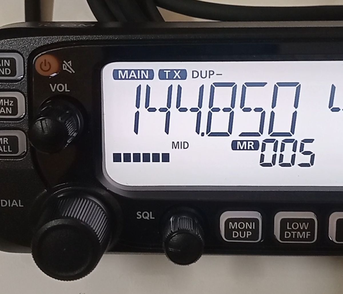 In TX mode when PTT is pressed, with mid power on ICOM 2730