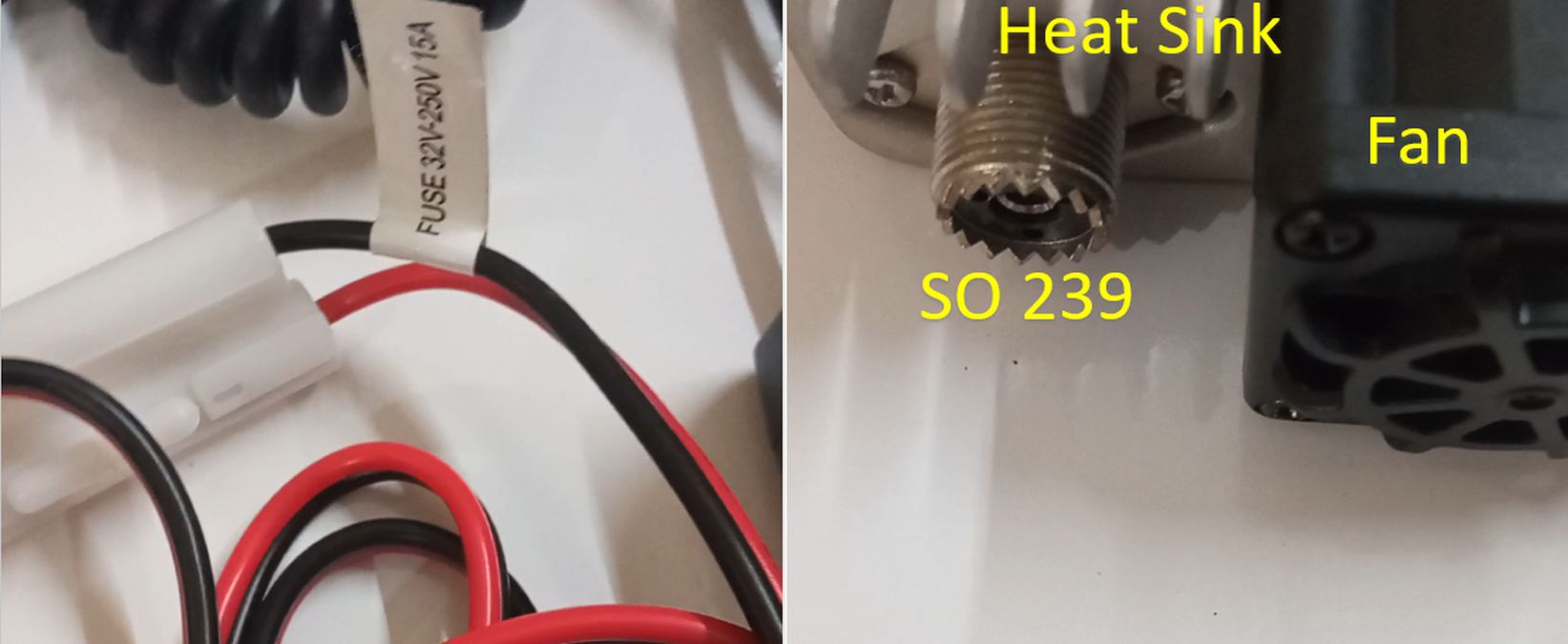 Power supply cable, fuse, heat sink, SO 239 connector and Fan of ICOM 2730